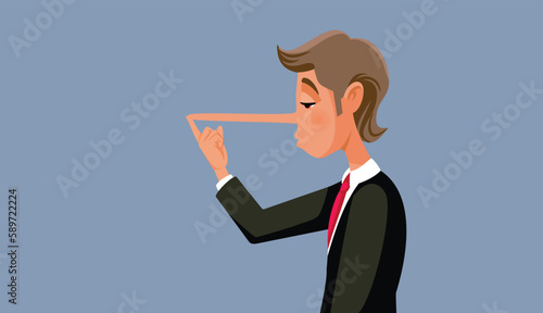 Lying Businessman Touching his Growing Nose Vector Cartoon Illustration. Deceiving guy making false promises being dishonest and a liar 
