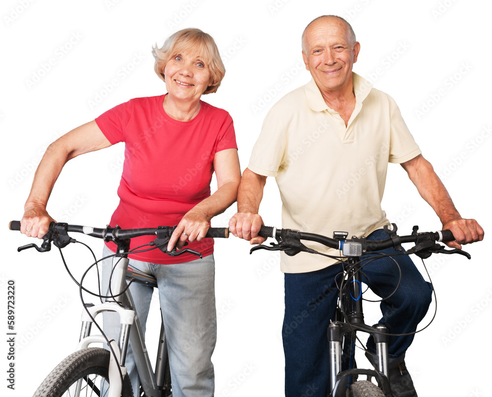 Obraz premium Portrait of happy senior couple riding bikes