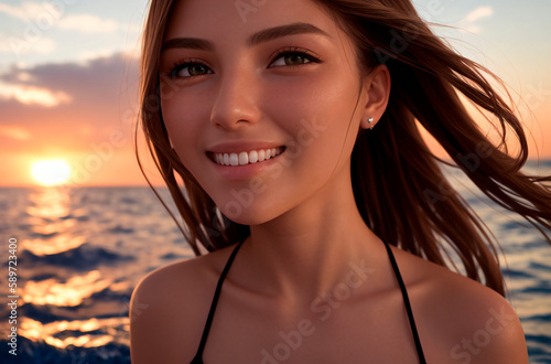 A beautiful girl in a swimsuit poses against the background of the ocean at sunset. Generative AI. © Anton Dios