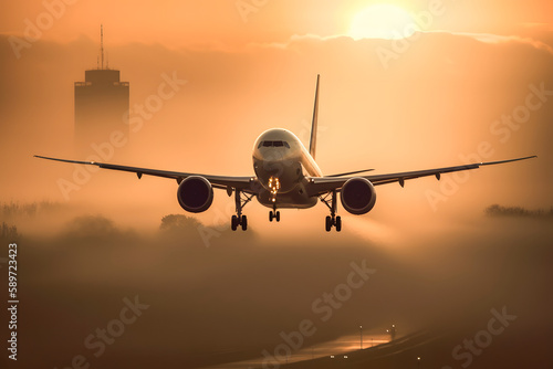 Airplane landing with gears down in sunset, Generative AI © Kenishirotie