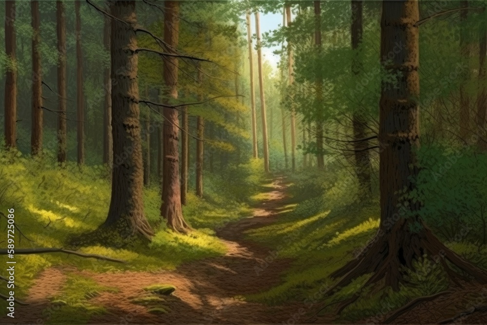 Obraz premium Tranquil and Serene Forest Painting, Generative AI