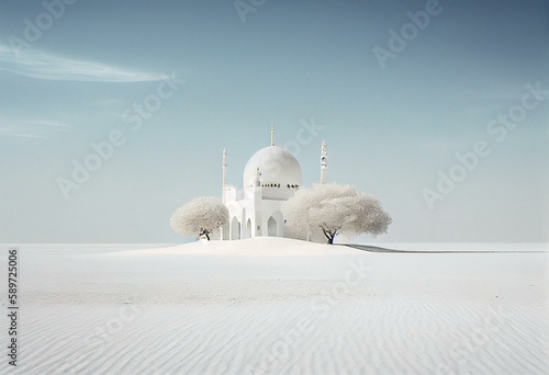 Beautiful, minimalist landscape with a lone white mosque. Clean white world concept. Post-processed digital AI art. Generative AI