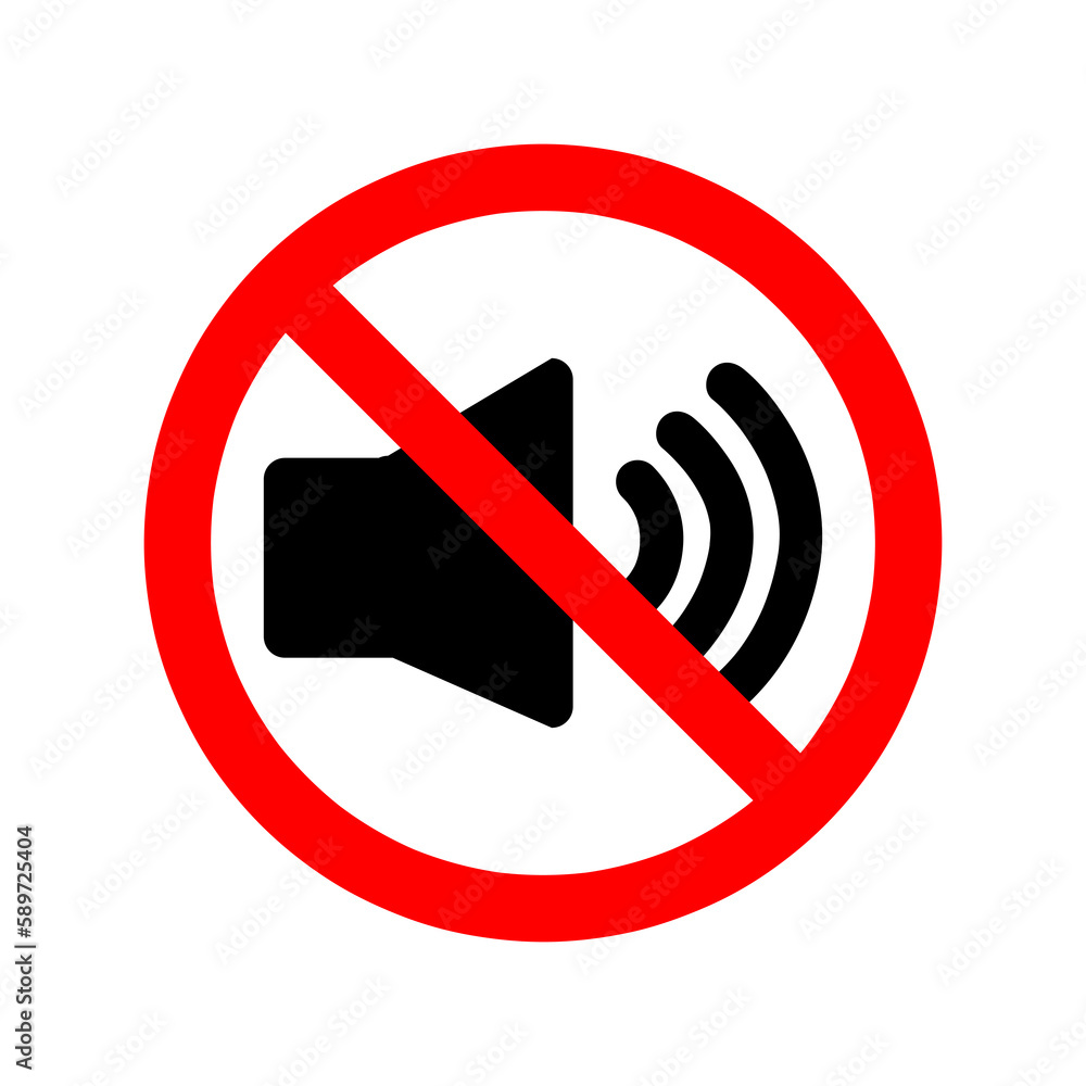 Volume sound ban icon. Loud sound is prohibited. Stop or ban red round sign with volume sound icon..eps Volume sound ban icon. Loud sound is prohibited. Stop or ban red round sign with volume sound icon..eps
