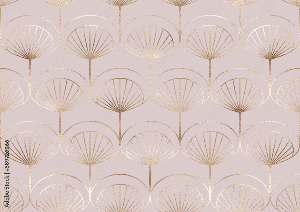 Art deco seamless pattern background design with gold fan tiles.