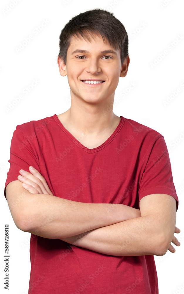 Portrait of handsome young man smiling and looking at camera isolated on white Portrait of handsome young man smiling and looking at camera isolated on white
