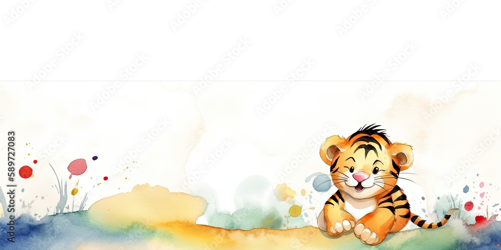 Fototapeta premium watercolor background with playful baby tiger border - generative AI Art