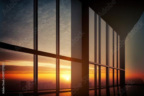 Golden sunset view window from office building with cityscape. Flawless Generative AI