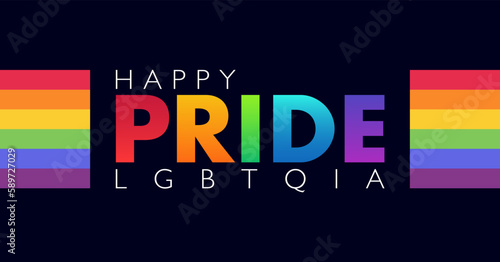 Happy PRIDE LGBTQIA banner for festival parades, parties, and social events. Colorful rainbow flag on dark  background. Vector illustration template.