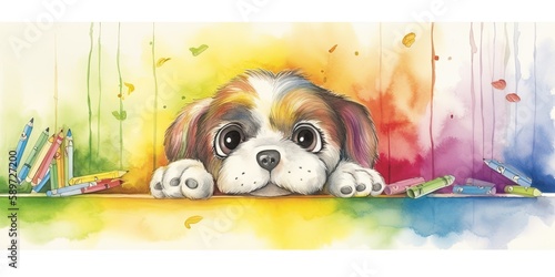 watercolor background with playful baby puppy border - generative AI Art photo