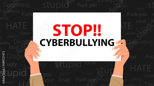 Hand holding white paper raised on air with stop cyberbullying message. Creative design to stop hurting the mind of others through social media. Vector illustration.