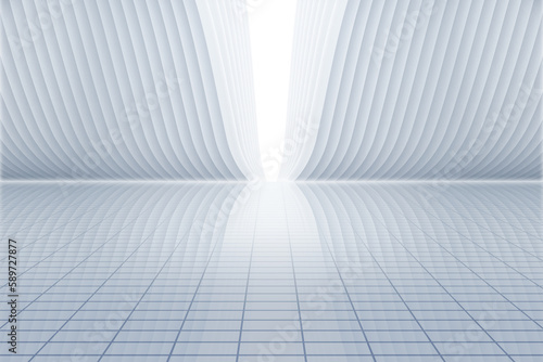 Abstract 3d rendering of empty white room with light in the middle. White interior wall facade and vertical ground space background 3d rendering.