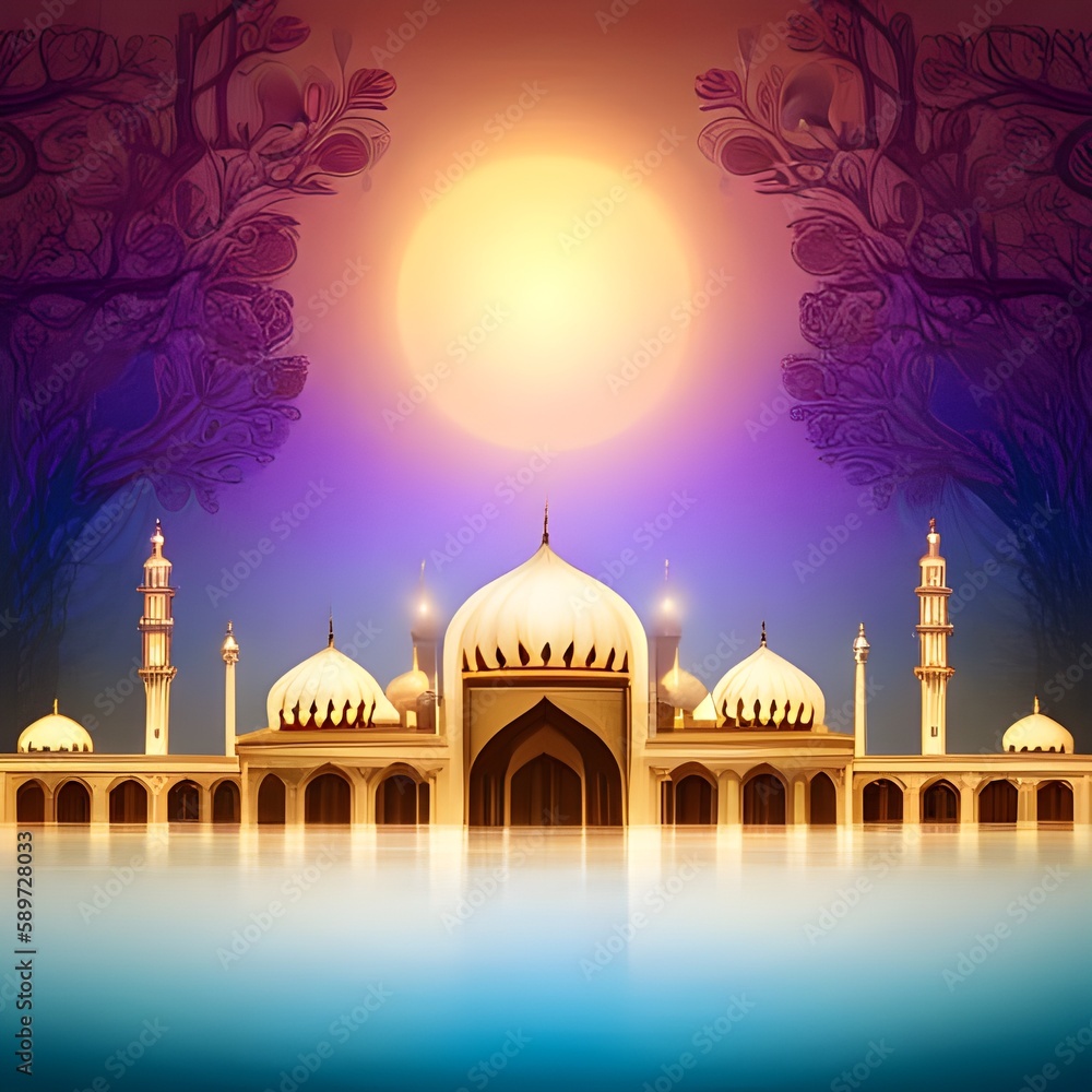 colorful mosque with full moon create with Generative AI technology