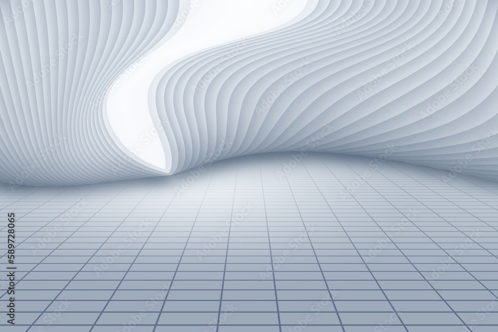 Naklejka premium Grey and white curved abstract building with longitudinal ground background 3D rendering