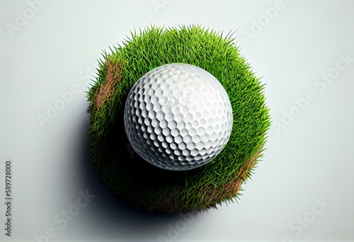 Golf ball on green turf patch, isolated on white background. Generative AI