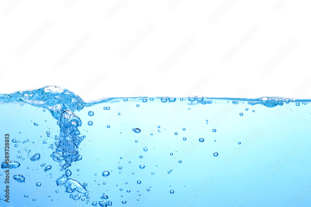 water splash with air bubbles. Fresh and clean surface aqua flowing in wave and clean water on white background isolated. close-up water splash with air bubbles. Fresh and clean surface aqua flowing in wave and clean water on white background isolated. close-up