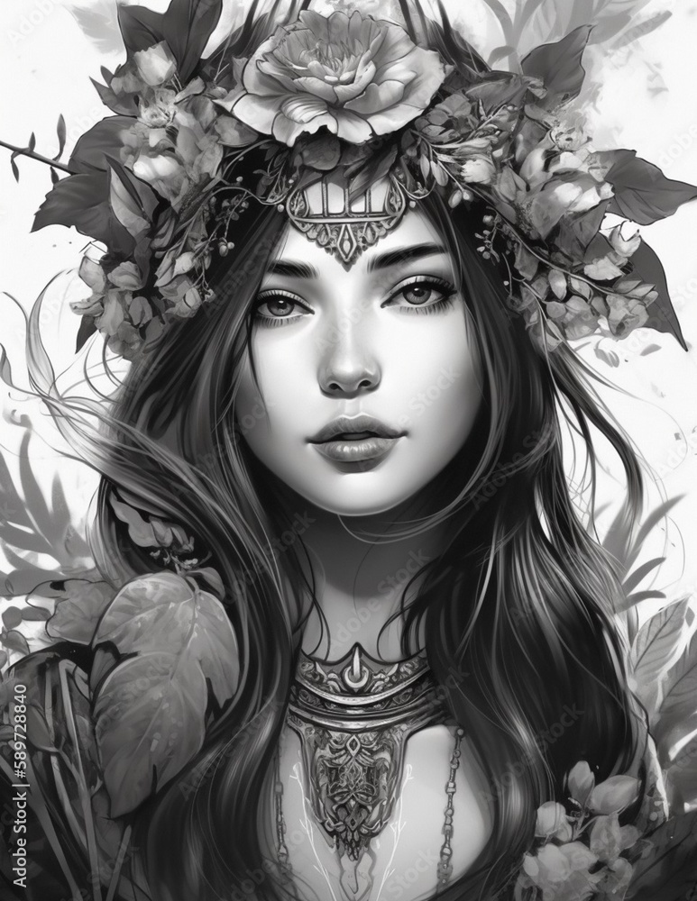 portrait of a beautiful girl, face among flowers, black and white drawing, generated in AI