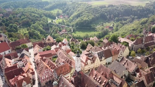 Rothenburg ob der Tauber Bavaria Germany reverse drone aerial view.old city tour