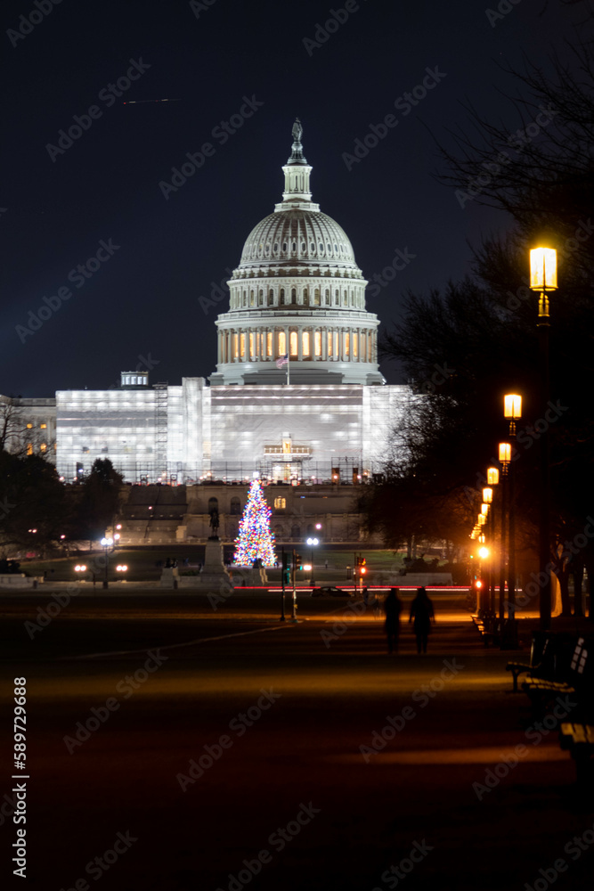 Night Long Exposure Photo of Washington DC Capital Building During Christmas With Construction