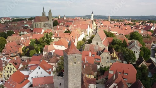 Rothenburg ob der Tauber Bavaria Germany reverse drone aerial view.old city tour