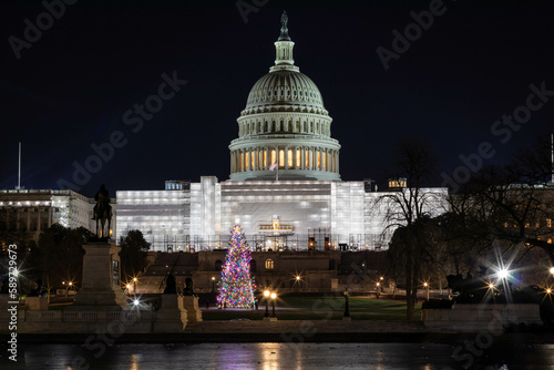 Night Long Exposure Photo of Washington DC Capital Building During Christmas With Construction