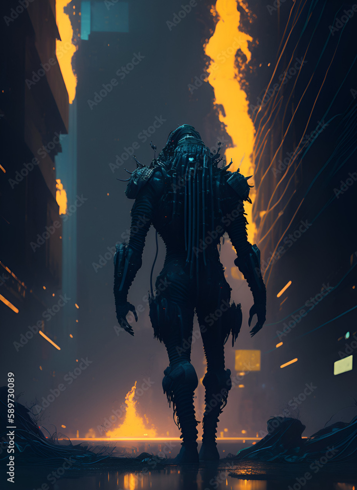 Alien Ripping Through Alien monsters attack and destroy the city, Full body capture image ...