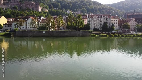 Heidelberg Aerial view of Castle Schloss medieval fortress on hill above city 