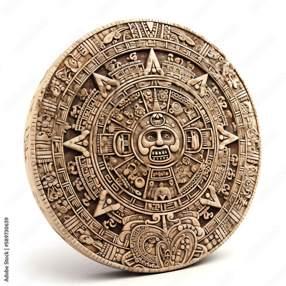 A hand-carved Aztec calendar stone. generative AI