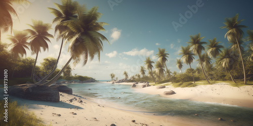 Beach with palm trees. Beautiful tropical beach and sea. Tropical beach with coconut palm trees. Paradise tropical beach with white sand. Generative AI