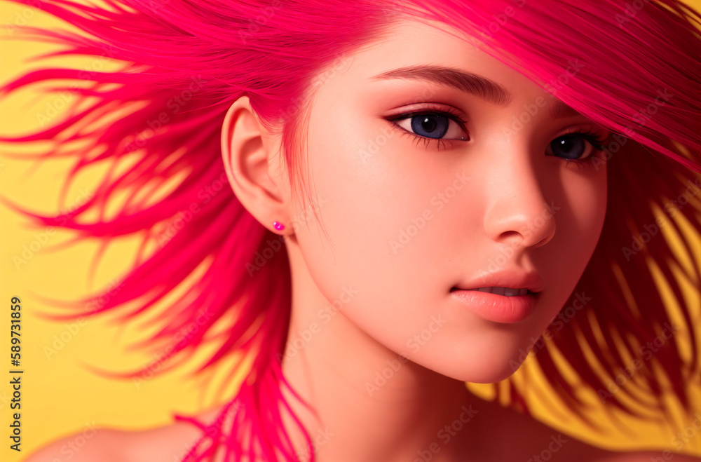 Close-up portrait of a beautiful girl with pink hair on a yellow background. Generative AI. Close-up portrait of a beautiful girl with pink hair on a yellow background. Generative AI.