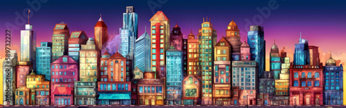 Modern metropolis at night city panorama with skyscrapers  real estate houses landscape  down town in the evening  facades of urban buildings  cityscape. Generative AI