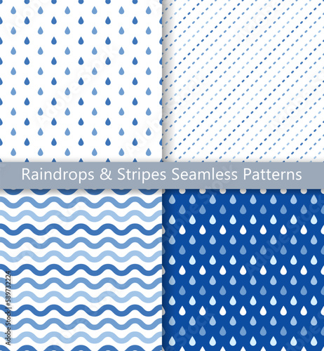 Set of seamless patterns of raindrops and stripes. Simple and basic droplets, diagonal stripes, and wavy stripes patterns.