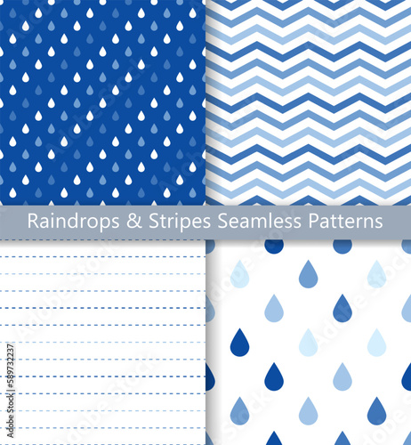 Set of seamless patterns of raindrops and stripes. Simple and basic droplets, zig zag stripes, and dashed horizontal stripes patterns.