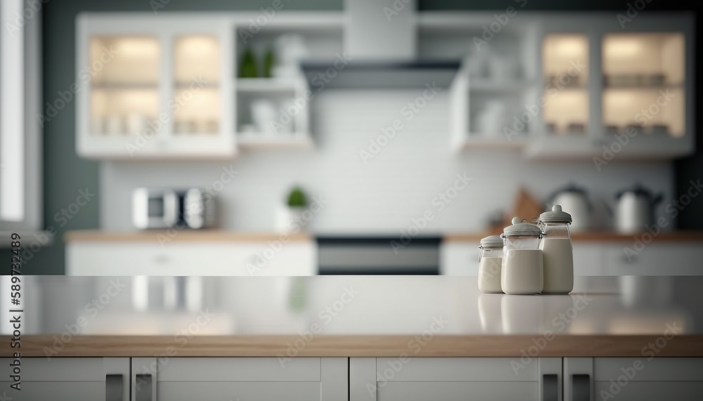 Fototapeta premium Wooden table top on blur kitchen room background