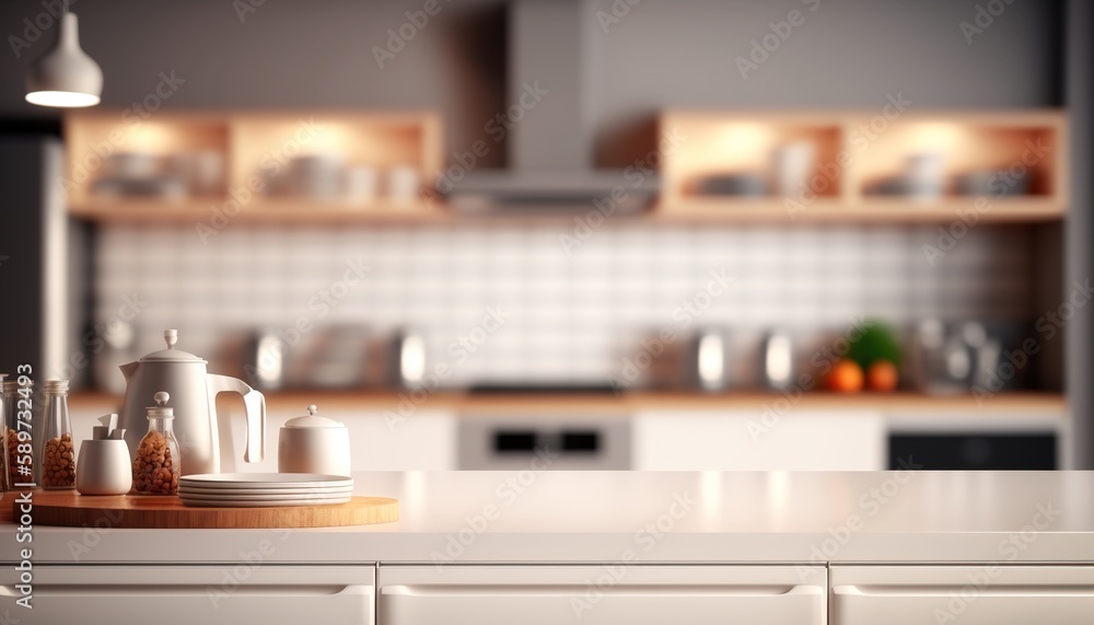 Wooden table top on blur kitchen room background