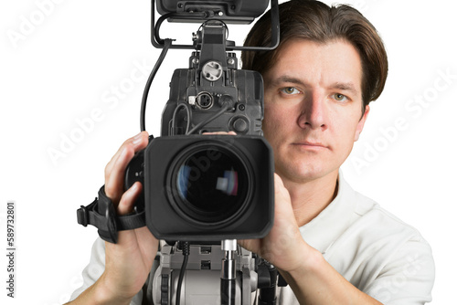 Cameraman with his camera on white background