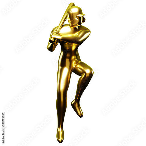 3d Gold Baseball Player Clip Art Holding Up With a Baseball Bat While Lifting One Leg. Viewed From The Side.