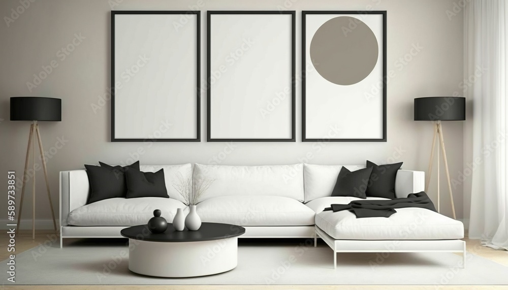 Fototapeta premium Frame Mockup Hanging On The Wall In Minimalist Interior Room.