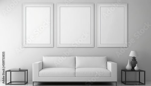 Frame Mockup Hanging On The Wall In Minimalist Interior Room.