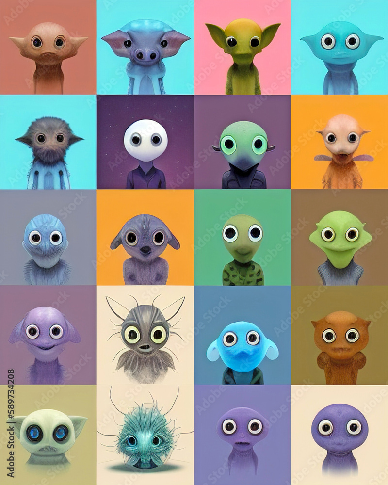 Naklejka premium A set of many cute monster faces in colored individual squares. Generative AI illustration.