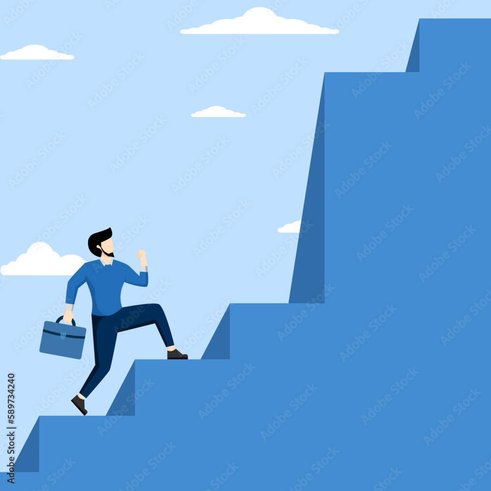 Obraz premium Concept of challenges to overcome difficulties, hurdles or business problems, thinking of solutions to cross hurdles to success, businessman climbing ladder to find difficult big step.