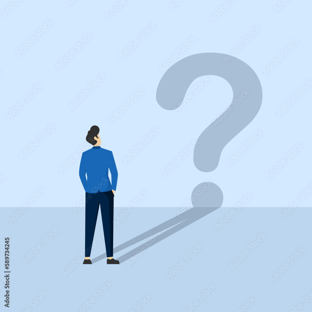 Confusion concept, uncertainty or self doubt, question to answer or find solution to solve problem concept, find meaning in life, curious businessman looking at self reflection as question mark. Confusion concept, uncertainty or self doubt, question to answer or find solution to solve problem concept, find meaning in life, curious businessman looking at self reflection as question mark.