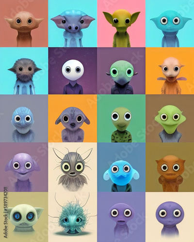 A set of many cute monster faces in colored individual squares. Generative AI illustration.