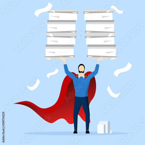effective or productive concept, Handle busy work, organize paperwork or paperwork, manage workload or complete multiple tasks within deadline, businessman superhero carrying multiple documents.
