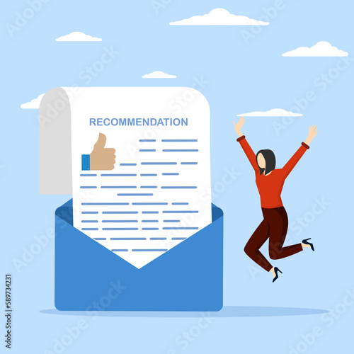 Recommendation letter concept, document for applying for a new job, experience or qualification guarantee, educational gift concept, happy woman with recommendation letter in email envelope.