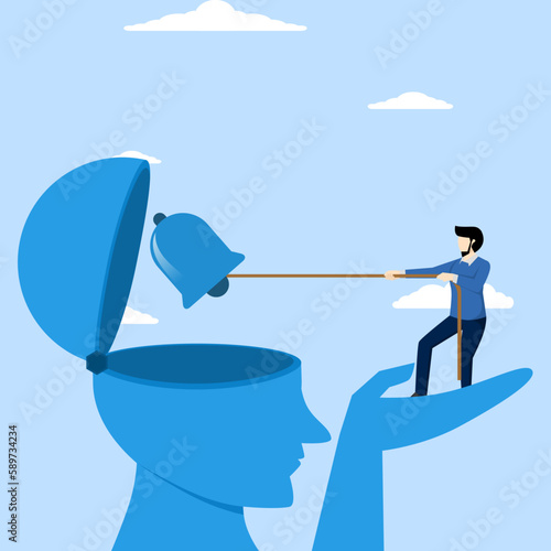 The concept of self-awareness, self-acceptance or personality concept, a psychological state in behavior or a feeling of individuality, a man rings a bell in a big head, awareness of his existence.