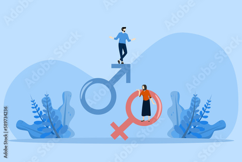 Gender business gap concept. Inequality between men and women in wages and career opportunities, Entrepreneurs and women stand on gender symbols. Discrimination against women. salary gap.