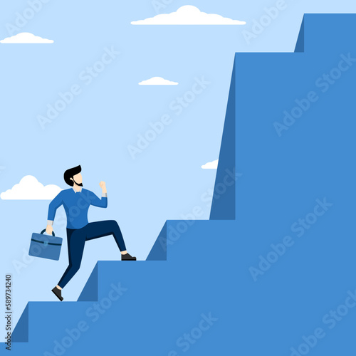 Concept of challenges to overcome difficulties, hurdles or business problems, thinking of solutions to cross hurdles to success, businessman climbing ladder to find difficult big step.