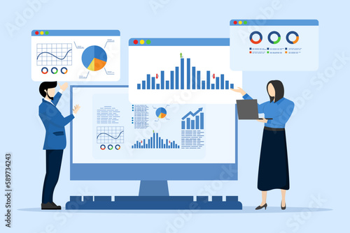 web report dashboard concept, business people team meeting for data analytics and monitoring, data analytics research for business financial planning. flat vector design illustration.