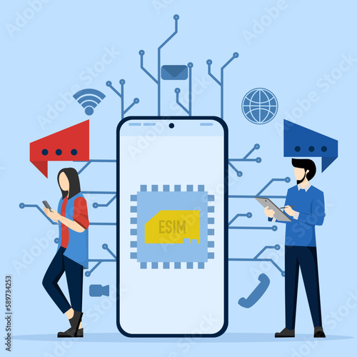 New digital technology. The sim card is embedded in the microcircuit. character using modern mobile phone with eSIM card chip. classic phone without sim card. Mobile phone with integrated circuit card