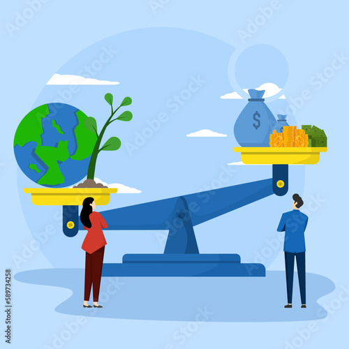Concept of Money and planet earth in weighing bowl. Bag of money, stack of currency and balance of the world on scales. Save, environmental defense. Vector illustration
